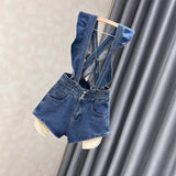 Getadme-Large Size Denim Strap Shorts Women's Summer High Waisted A-line Jumpsuit Pants Sweet Ruffled Edge Short Jeans Size S-5XL