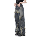 Getadme Vintage Women High Waist Jeans Streetwear Ripped Female Wide Leg Pant American Style Casual Tassel Straight Denim Trousers