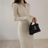 Winter Slim Women Long Dress V Neck Sexy High Waist Knitted Long Sleeve Solid Color Outwear Sexy Women Dress Fashion