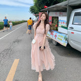 Summer Chiffon Fairy Dress Women Solid Elegant Party Midi Dress Female Casual Sweet Korean Fashion Pink Dress 2023 New Clothes