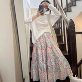 Korean Sweet Patchwork Floral A-line Skirt for Women Y2k High Waist Skirts 2024 Summer New Loose Mid-length Faldas Mujer