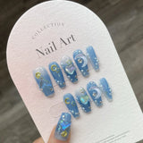 Getadme-10Pcs Handmade Press on Nails Long Ballet Blue Fake Nails with 3D Ocean Moon Rhinestone Design False Nails Full Cover Nail Tips