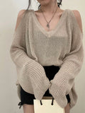 Getadme-High Street Knitted Sweater Women Korean Retro V-neck Off Shoulder Jumper Loose All-match Casual Sunscreen Elegant Tops