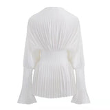 Getadme Elegant Women Loose White V-Neck Pleated Shirts Female Lantern Full Sleeve Tops Blouses Casual Blusas Spring Autumn