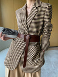 Getadme-Autumn Women Vintage Houndstooth Woolen Blazer Jackets Fashion Elegant Casual Outerwear Coat With Belt Female Cardigan Clothes