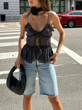 Women Sheer Camisoles Y2k See Through V Neck Sleeveless Backless Tie-Up Ruffles Vest Tank Tops Summer Crop Tops