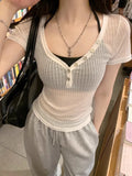 Basic Short Sleeve T Shirts Women Casual See Through Sexy V Neck Cropped Tees Coquette Solid Color Slim Tops Summer