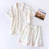 Getadme-100% Cotton Gauze Summer Women Pajamas 2-Piece Set Short-Sleeved Peach Print Pajamas Homewear Ladies Pajamas Women Sleepwear