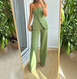 Getadme Women's Pants Set Solid Color Autumn New Sleeveless Tube Top and Solid Color Straight Pants Suit Elegant Office Suit