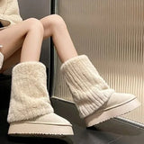 Shoes for Women New Slip on Women's Boots Winter Round Toe Solid Flock Plush Warm Mid Heel Water Proof Casual Snow Boots