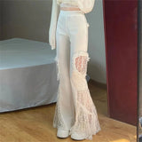 Spring Fashion High Waist 2024 Korean Flare Pants Women Lace Sexy Cut Out Spliced Pocket Lacework Elastic Waist Wide Leg Pants