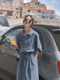 New Fashion Summer Women Denim Dress Casual Women Loose Long Short Sleeve Lapel Single Breasted Pocket Dresses