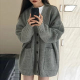 Getadme-Autumn Winter Women Cardigan Sweater Coats Fashion Female Long Sleeve V-neck Loose Knitted Jackets Casual Sweater Cardigans