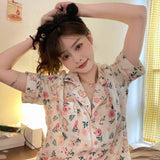 Getadme-Girls Sweet Pajamas Set Short Sleeves Short Pant Cartoon Animals Print Cute Home Clothing Women Turn Down Collar Loose Sleepwear