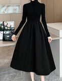 Getadme Women Winter Turtleneck Black Midi Dress Korean Elegant Long Sleeve A-line Slim Vestidos Autumn Office Lady Casual Robe Clothes