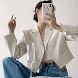 Getadme Elegant Short Suit Women Korean Long Sleeve White Single-breascted Cropped Blazers Suit Fashion Classic Basic Office Lady Jacket