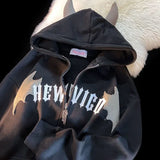 Getadme  American Retro Little Devil Horn Hoodies Y2k Women Letter Embroidery Zipper Hooded Sweatshirt Harajuku Casual Loose Jacket Coats