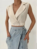 Getadme-2024 Summer Women Solid Khaki Linen Tank Tops Sleeveless V-neck Vest Crop Tops For Women Female