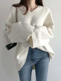 White Knitted Sweaters Women Autumn Winter Pullovers Female Korean Fashion Long Sleeve Knitwear Tops Elegant Loose V-Neck Jumper