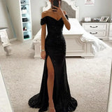 Getadme Elegant Gown Dress V-Neck Off Shoulder Maxi Dress Sequin Pleated Waist Tight Evening Party Dress Sexy Split Long Dreses