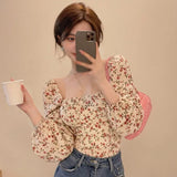 Getadme-Autumn Women's Retro Floral Print Square Collar Sexy Sweet Long Sleeves Chiffon Shirt Blouse