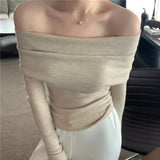 Getadme Black Solid Off Shoulder Elegant Long Sleeve Tops Korean Fashion Slim Sexy Cropped T Shirt Women Autumn Y2k Clothing Skinny Top