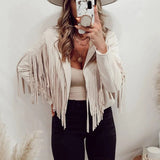 Getadme Women's Suede Jacket Women Indie Folk Tassel Spring/Autumn Crop Coat Women Fringed Long-sleeved Bohemian Ethnic Jackets Brown