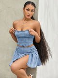 Women's Summer 2PCS Outfit Sets Solid Color Sleeveless Off Shoulder Zipper Bandeau + Pleated Denim Skirt