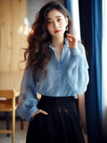 Women's Shirt and Blouse Button Up Loose Summer Female Tops Blue Chiffon Full Long Sleeve Elegant 2024 Y2k Fashion Clothes Blue