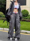 Getadme Y2K Parachute Black Pants Women Hippie Streetwear Oversize Pockets Cargo Trousers Harajuku Wide Leg Baggy Sweatpants