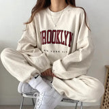 Getadme-Casual Brooklyn Letter Print Fleece Sweatshirt Women Suit O-neck Two Piece Sets Womens Outfits Autumn Ladies Y2k Tracksuit