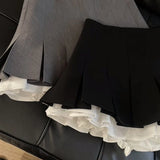 Getadme-Y2K Ruffles Black Mini Skirt Women Korean Patchwork Pleated Skirts Japanese Kawaii High Waist All Match A Line Skirt New