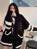 Getadme-Korean School Student Black Baggy Cardigan Women Preppy Style Oversized Loose Letter Embroidery Knitted Top  Autumn