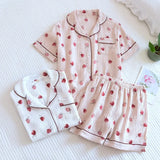 Summer/Autumn Strawberry Print Women's Pajamas Cotton Crepe Short Sleeved Shorts Suits Lapel Cute Loose Comfortable Home Clothes