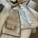 Vintage Cropped Blazer Women Korean Short Tweed Jacket Office Lady Elegant Thicken Quilted Single Breasted Outerwear Tops