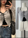 Korean Suspender Cardigan Set Women's Early Autumn Sexy V-neck Slim Crop Long Sleeve Cross Bandage Knit Top Y2K Two Piece Suit