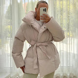 Malina Winter Thick Stand Collar Parkas Women Fashion Tie Waist Coats Women Elegant Solid Short Padded Jackets Female Ladies