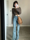 Getadme- Vintage Mohair Cropped Sweater Women Korean Fashion Slim Knitted Jumper Elegant Soft Warm Flare Sleeve Tops High Street