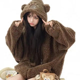 Getadme-Cute bear hat lamb wool hoodies brown loose sweatshirts fashion niche zippered cardigan thick winter coat kawaii women clothes