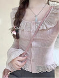 Winter Kawaii Lolita Blouse Women Lace Knit Korean Elegant Blouse Female Long Sleeve Japanese Casual Designer Tops 2024 New