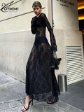 Sexy Black Lace Women's Dress Elegant O-Neck Long Sleeve Transparent Dresses Fashion Straight Ankle-Length Dresses Female