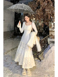 Getadme-Spring Elegant Knitted Dress Women Lace Patchwork Koeran Princess Midi Dress Female Casual Sweet Even Party Fairy Dress