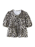 Women Sweet Bow Tied Lace Up Leopard Print Blouse Female Chic Pleats Puff Sleeve Casual Ruffles Shirt Blusas Tops LS303