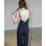 Getadme-Denim Overalls Women Streetwear Jumpsuits Vintage Sweet Wide Leg Suspender Pants Preppy Bow Bandage Strap Jeans Trousers