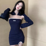 Getadme-2pcs Set Autumn Mini Camisole Dress  Women Sweet Cool Spice Girl Letter Strapless  Short Kawaii Top  Fashion Korean