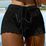 Getadme-Breathable Summer Shorts High Waist Knitted Lace Beach Shorts for Women Soft Breathable Drawstring Elastic Waist Solid Color