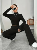 Getadme-2024 Spring Knitted 2 Piece Sets Women Tracksuit Long Sleeve Vintage Sweater Crop Top Flare Pants Stretch Matching Suit Outfit