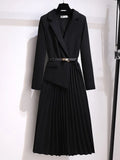 Long Dress Belt Patchwork One Piece Blazer Dress Women Elegant Office Ladies Long Sleeve Notched Female Autumn Midi Vestido