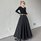 Getadme-Black Pleated Skirt Women 2024 Spring and Autumn Maxi Skirt New High Waist  Long Skirt for Women Clothing