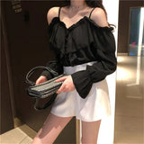 Getadme-Y2K Ruffles Sexy Off Shoulder Blouses Women Party Design Stylish Ulzzang Long Sleeve Harajuku Solid All-match Soft Ins Crop Tops